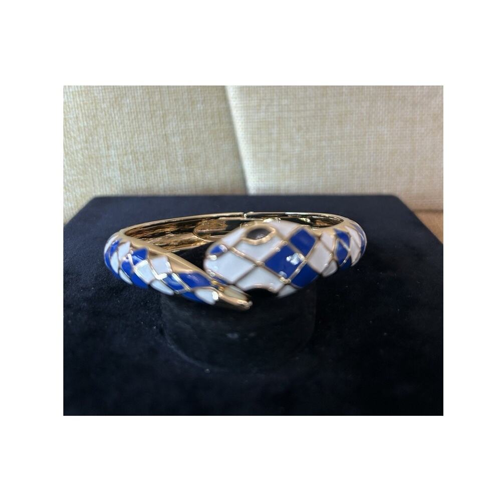 Sequin Nordstrom Blue White Snake Gold Tone Statement Enamel Bangle Bracelet 152